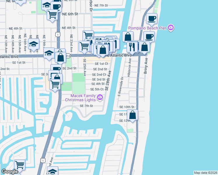 map of restaurants, bars, coffee shops, grocery stores, and more near 410 Southeast 28th Avenue in Pompano Beach