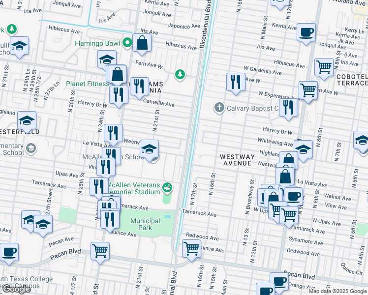 map of restaurants, bars, coffee shops, grocery stores, and more near 1915 Westway Avenue in McAllen