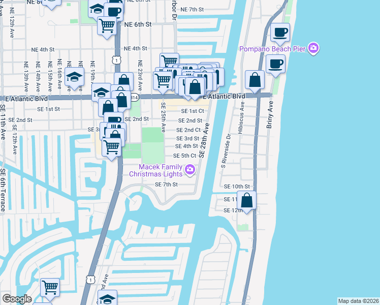 map of restaurants, bars, coffee shops, grocery stores, and more near 2725 Southeast 5th Court in Pompano Beach