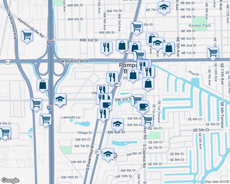 map of restaurants, bars, coffee shops, grocery stores, and more near 238 South Dixie Highway in Pompano Beach