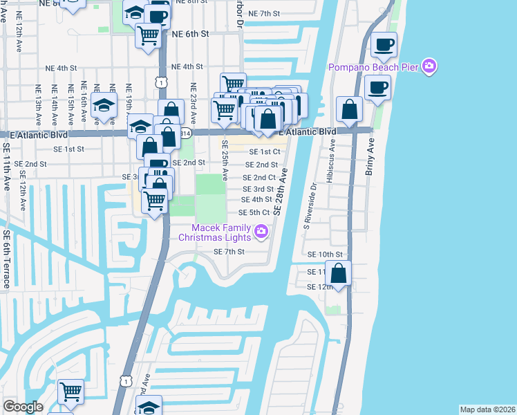 map of restaurants, bars, coffee shops, grocery stores, and more near 2701 Southeast 5th Court in Pompano Beach