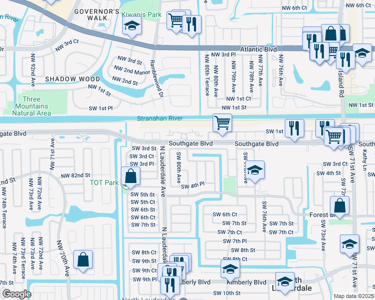 map of restaurants, bars, coffee shops, grocery stores, and more near 302 Southwest 79th Terrace in North Lauderdale
