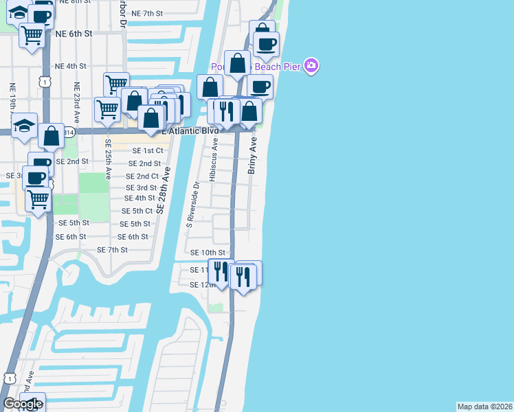 map of restaurants, bars, coffee shops, grocery stores, and more near 580 Briny Avenue in Pompano Beach