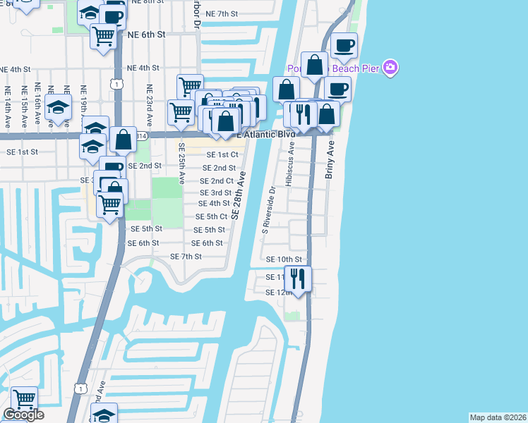 map of restaurants, bars, coffee shops, grocery stores, and more near 601 South Riverside Drive in Pompano Beach