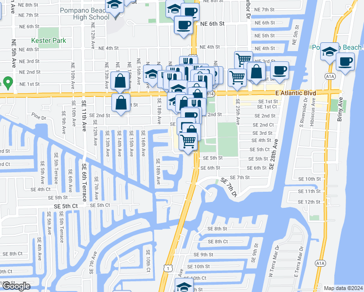 map of restaurants, bars, coffee shops, grocery stores, and more near 461 Southeast 19th Avenue in Pompano Beach