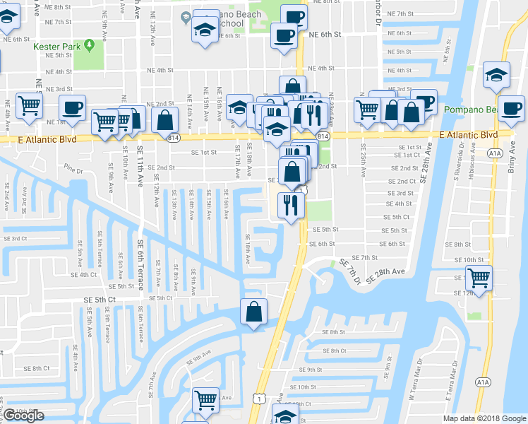 map of restaurants, bars, coffee shops, grocery stores, and more near 461 Southeast 19th Avenue in Pompano Beach