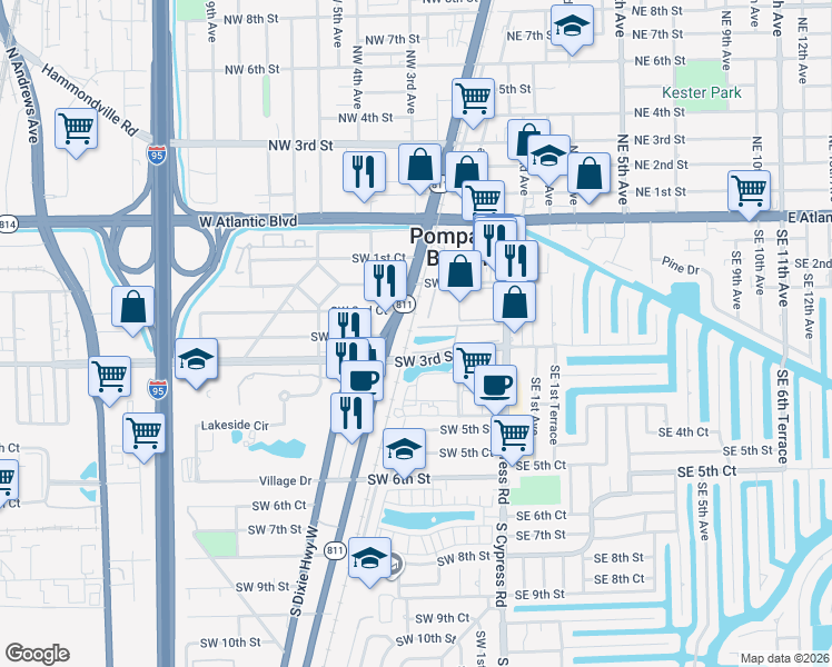map of restaurants, bars, coffee shops, grocery stores, and more near 238 South Dixie Highway in Pompano Beach