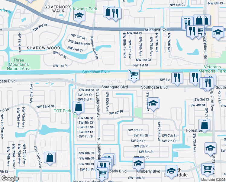 map of restaurants, bars, coffee shops, grocery stores, and more near 302 Southwest 79th Terrace in North Lauderdale