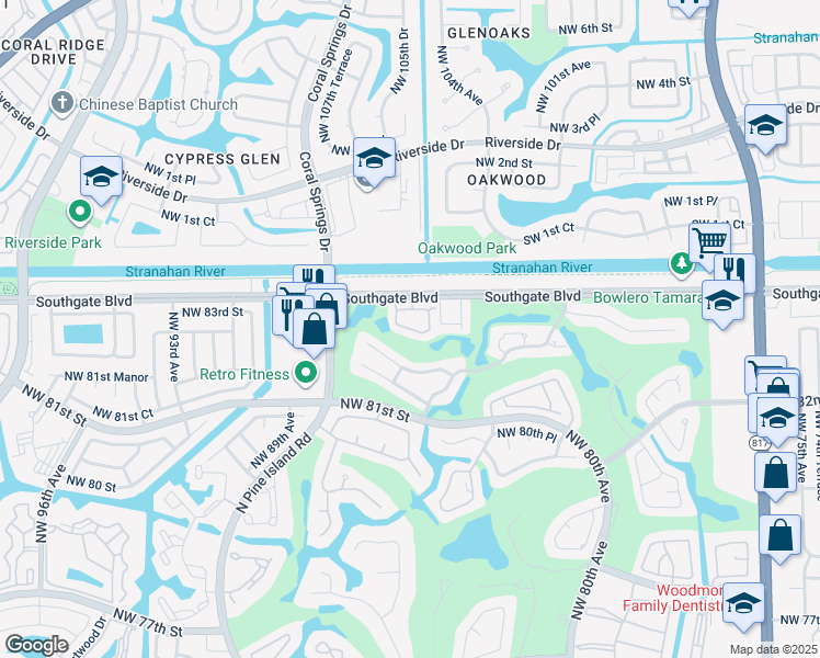 map of restaurants, bars, coffee shops, grocery stores, and more near 8632 South Southgate Shores Circle in Tamarac