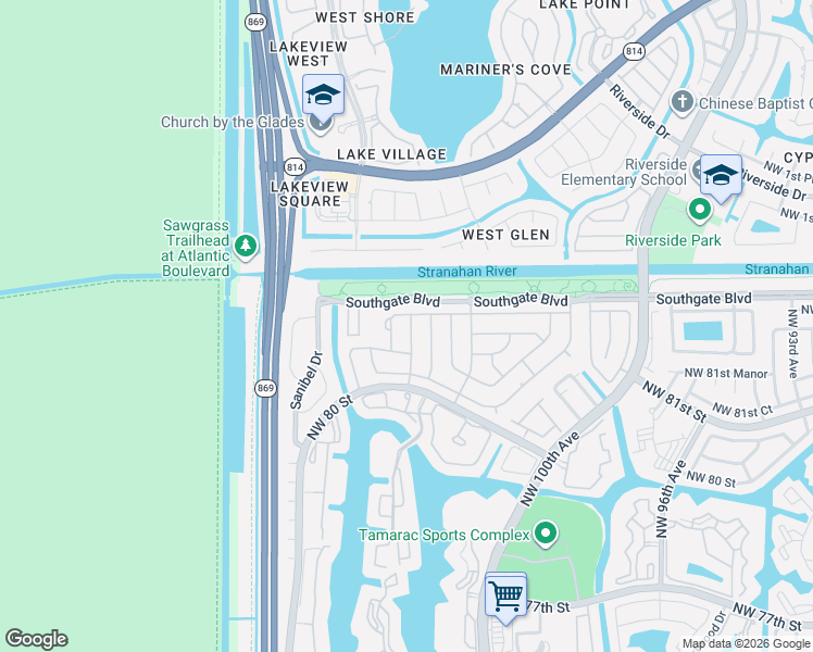 map of restaurants, bars, coffee shops, grocery stores, and more near 8205 Northwest 105th Avenue in Tamarac