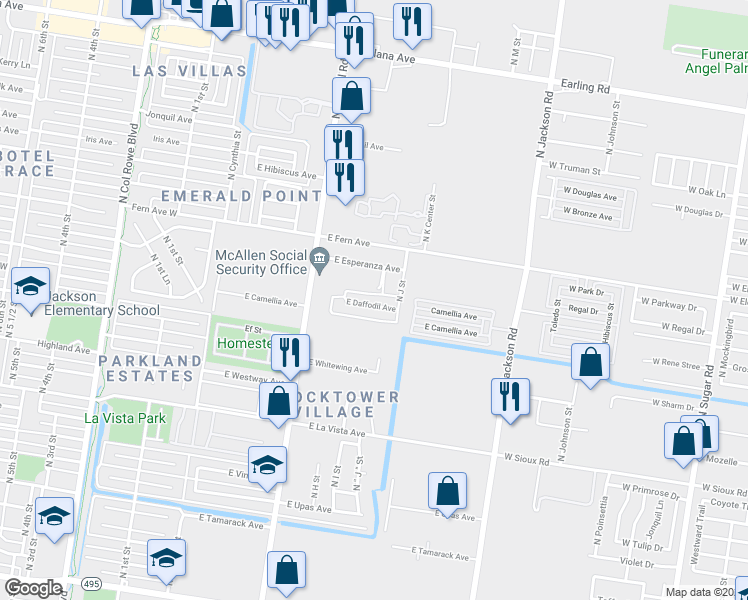 map of restaurants, bars, coffee shops, grocery stores, and more near 1009 East Daffodil Avenue in McAllen