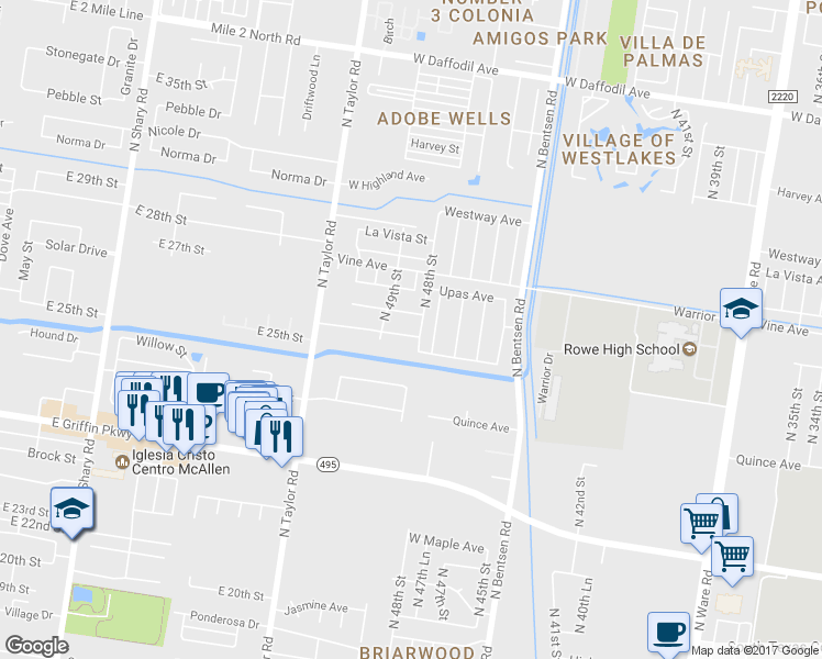 map of restaurants, bars, coffee shops, grocery stores, and more near 4804 Sycamore Avenue West in McAllen
