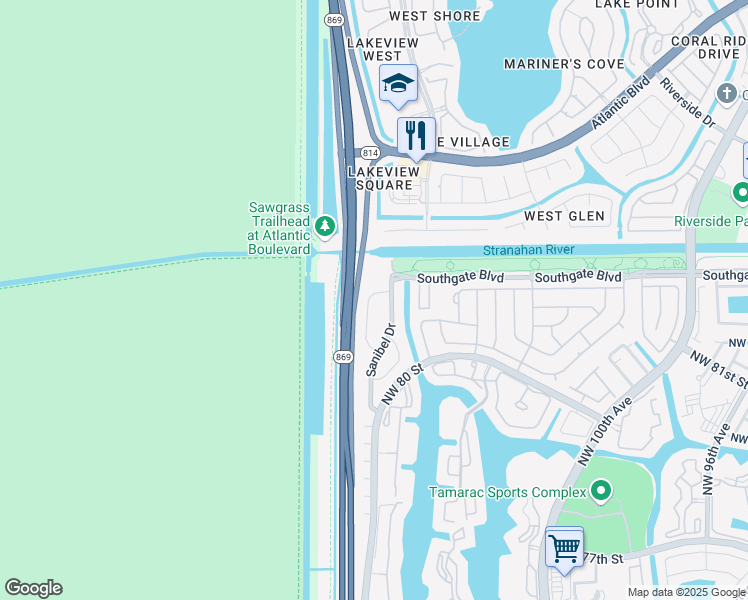 map of restaurants, bars, coffee shops, grocery stores, and more near 8043 Sanibel Drive in Tamarac