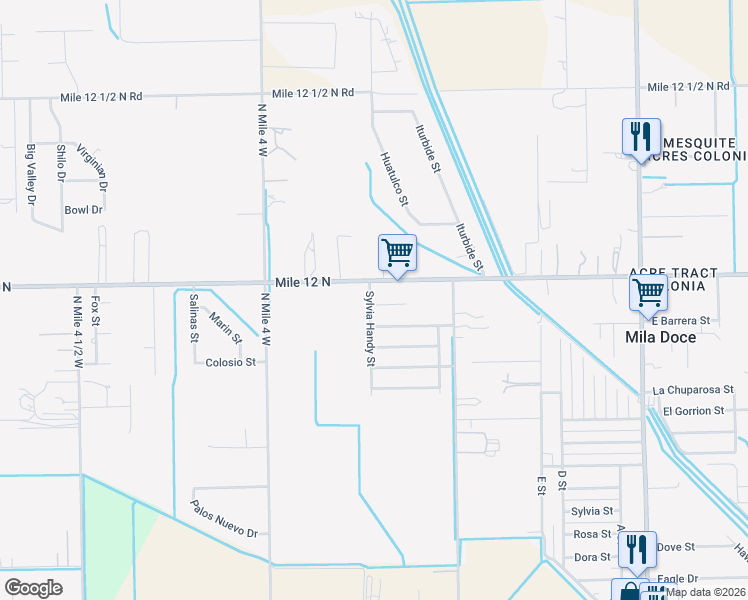 map of restaurants, bars, coffee shops, grocery stores, and more near 2110 George Bush Street in Weslaco