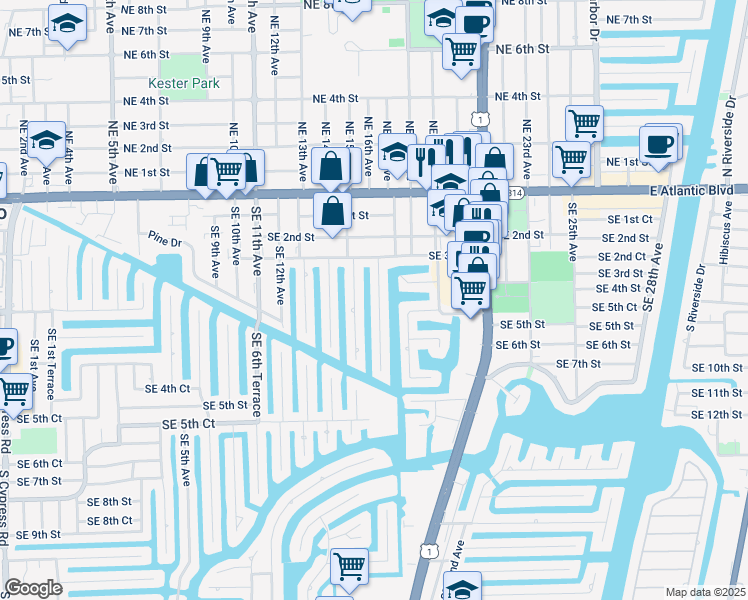 map of restaurants, bars, coffee shops, grocery stores, and more near 381 Southeast 16th Avenue in Pompano Beach