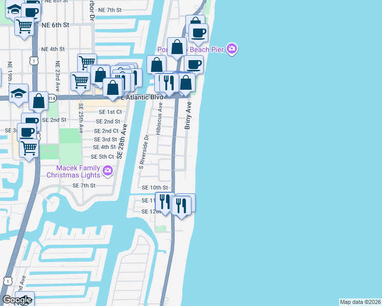 map of restaurants, bars, coffee shops, grocery stores, and more near 580 Briny Avenue in Pompano Beach