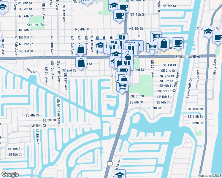 map of restaurants, bars, coffee shops, grocery stores, and more near 461 Southeast 19th Avenue in Pompano Beach