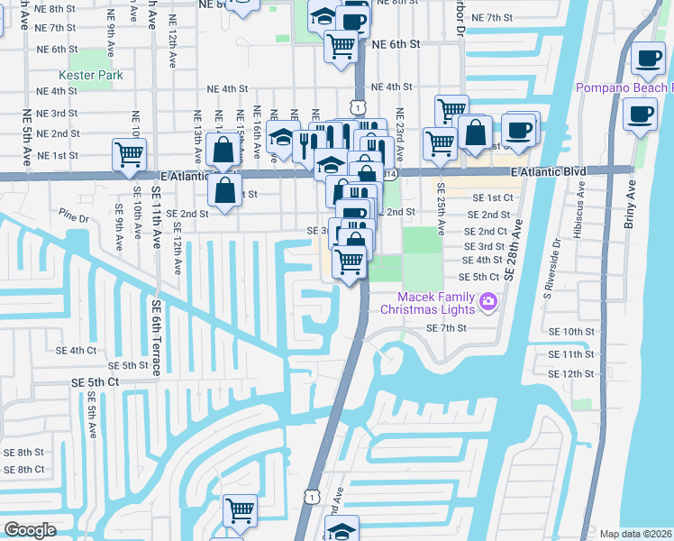 map of restaurants, bars, coffee shops, grocery stores, and more near 461 Southeast 19th Avenue in Pompano Beach