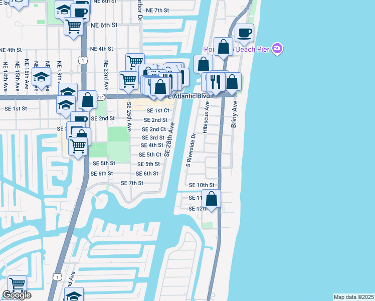 map of restaurants, bars, coffee shops, grocery stores, and more near 601 South Riverside Drive in Pompano Beach