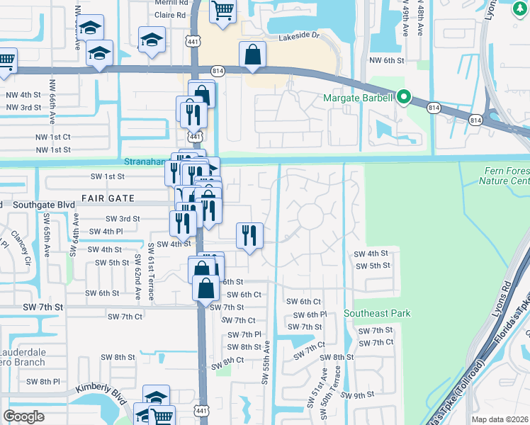 map of restaurants, bars, coffee shops, grocery stores, and more near 282 North Cortez Drive in Margate