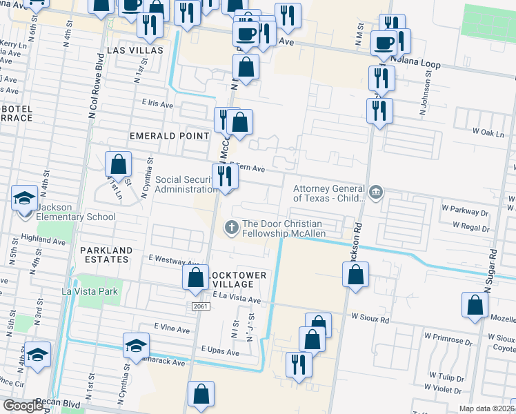map of restaurants, bars, coffee shops, grocery stores, and more near 1009 East Daffodil Avenue in McAllen