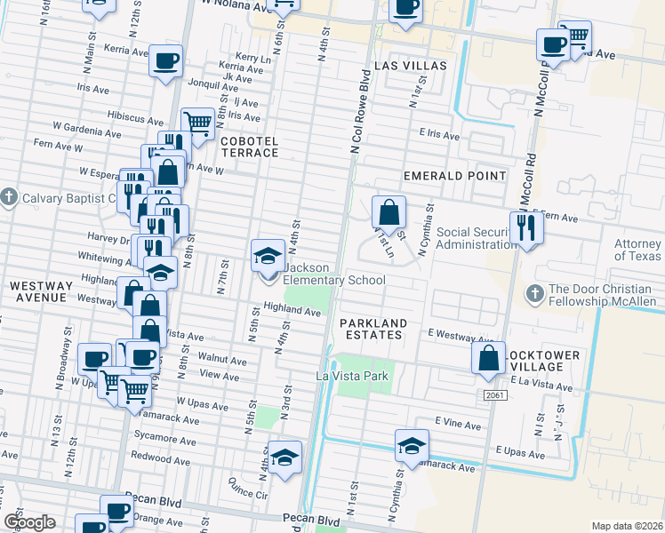 map of restaurants, bars, coffee shops, grocery stores, and more near 200 Harvey Street in McAllen