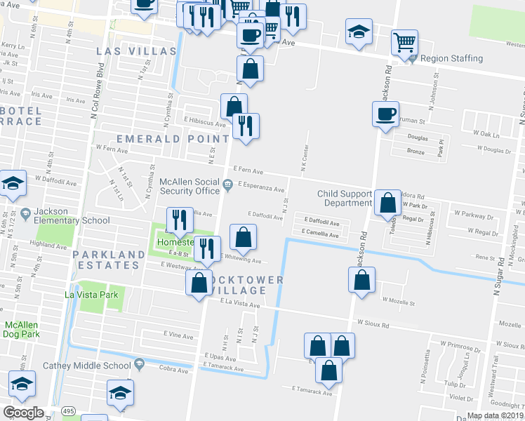 map of restaurants, bars, coffee shops, grocery stores, and more near 909 East Daffodil Avenue in McAllen