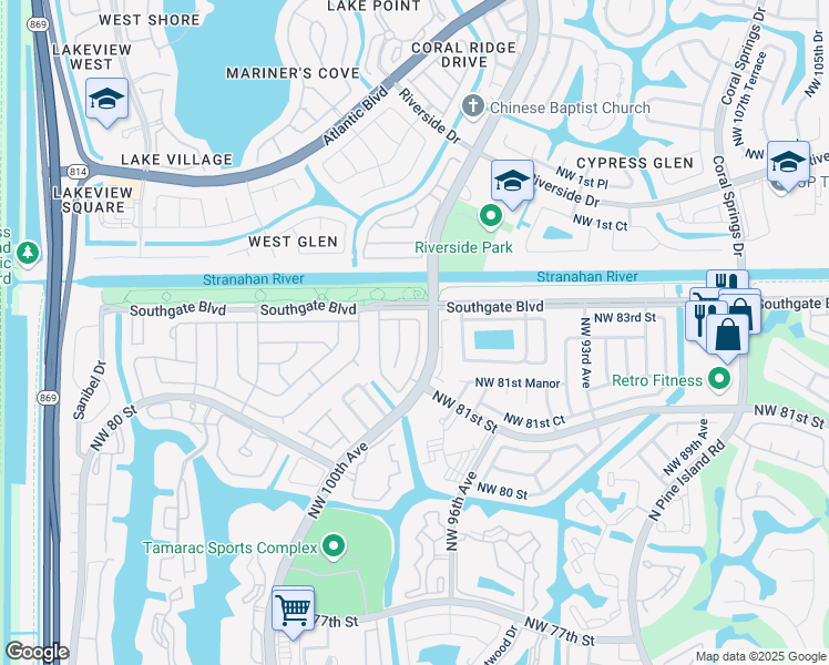 map of restaurants, bars, coffee shops, grocery stores, and more near 8208 Northwest 100th Lane in Tamarac