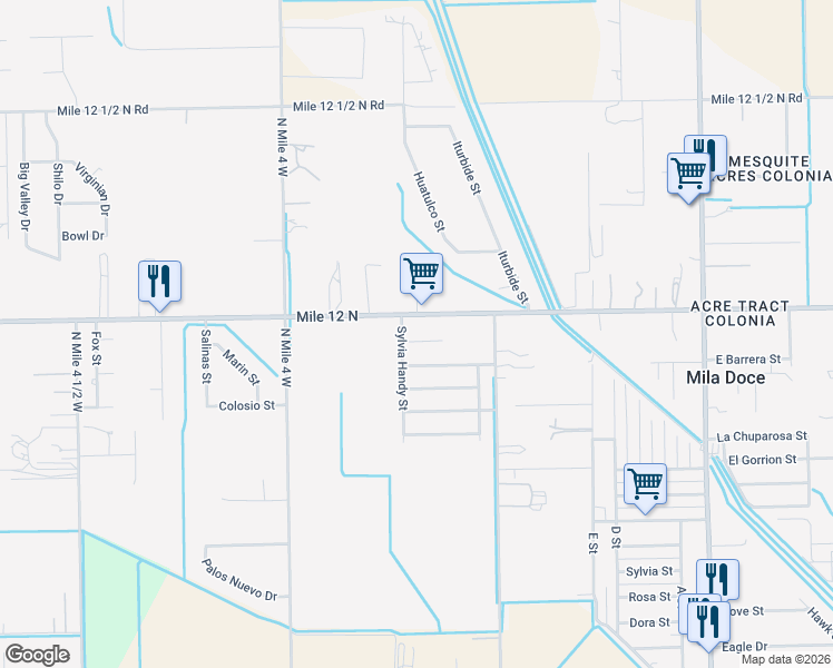 map of restaurants, bars, coffee shops, grocery stores, and more near 2110 George Bush Street in Weslaco