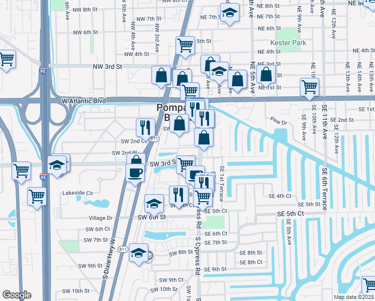 map of restaurants, bars, coffee shops, grocery stores, and more near 21 Southwest 3rd Street in Pompano Beach