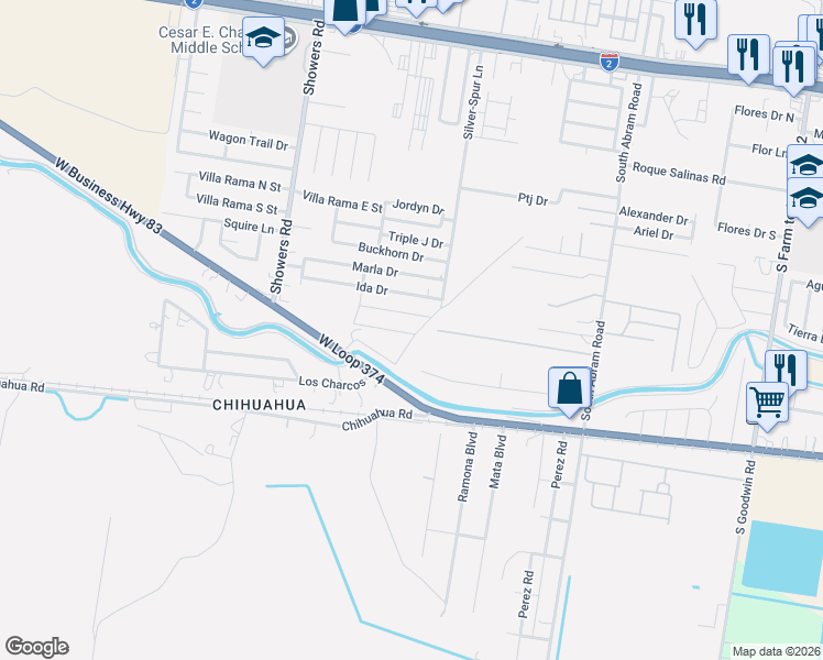 map of restaurants, bars, coffee shops, grocery stores, and more near Silver Spur Lane in Mission