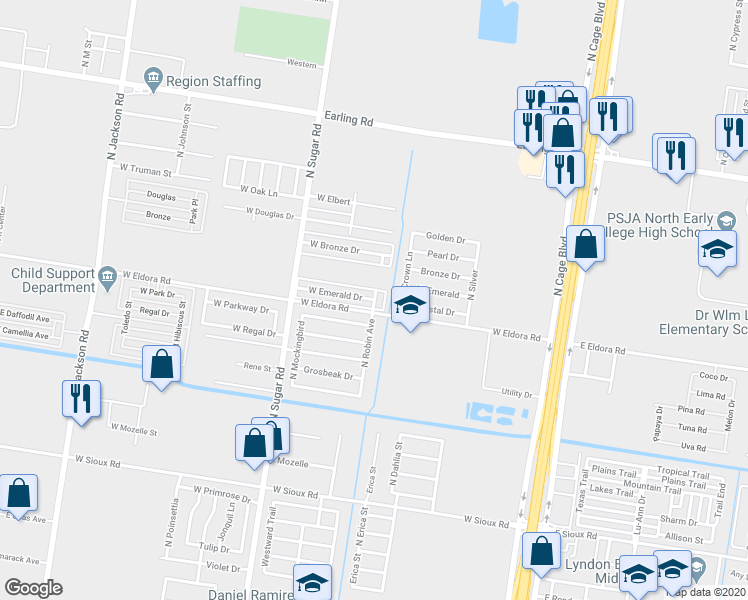 map of restaurants, bars, coffee shops, grocery stores, and more near Emerald in Pharr