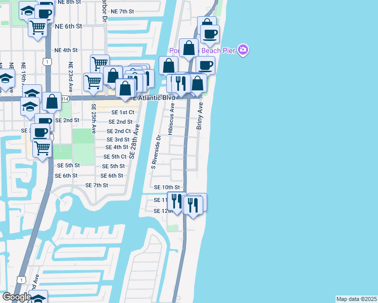 map of restaurants, bars, coffee shops, grocery stores, and more near 516 South Ocean Boulevard in Pompano Beach
