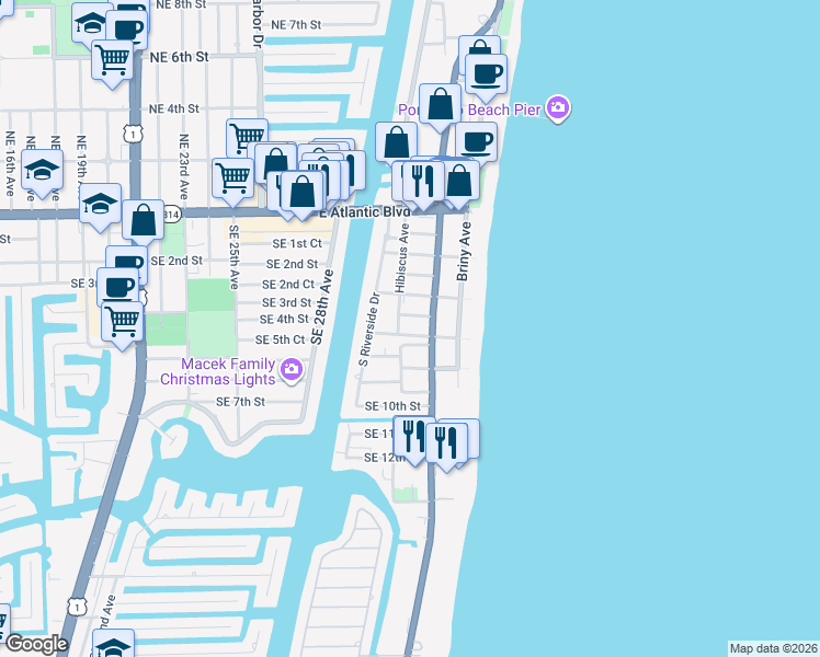 map of restaurants, bars, coffee shops, grocery stores, and more near 550 Hibiscus Avenue in Pompano Beach