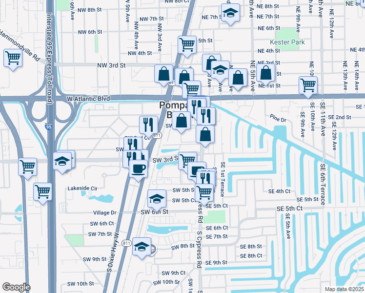 map of restaurants, bars, coffee shops, grocery stores, and more near 199 Southwest 3rd Street in Pompano Beach