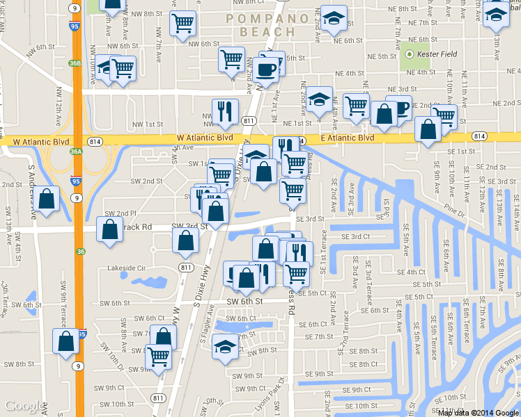 map of restaurants, bars, coffee shops, grocery stores, and more near 199 Southwest 3rd Street in Pompano Beach