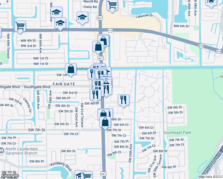 map of restaurants, bars, coffee shops, grocery stores, and more near 316 South State Road 7 in Margate