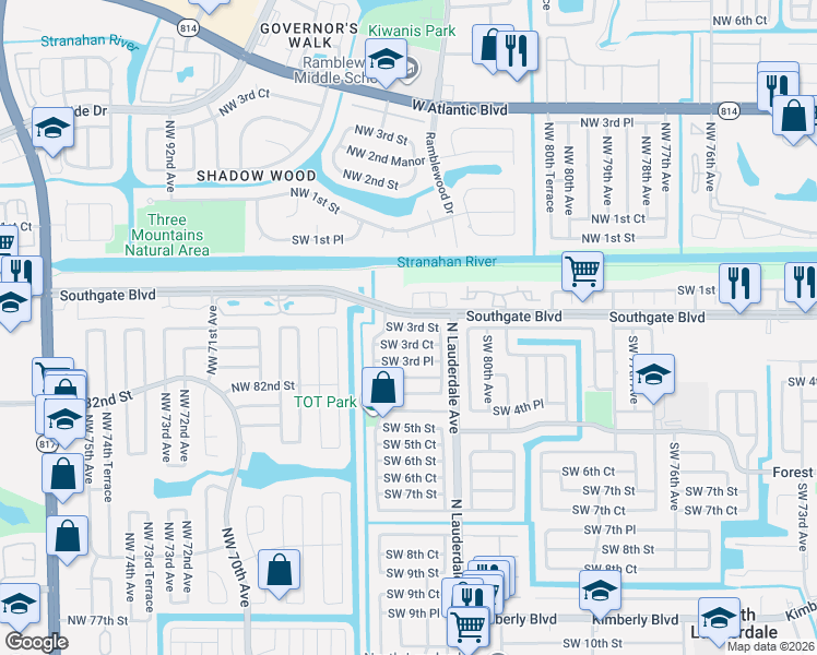 map of restaurants, bars, coffee shops, grocery stores, and more near 8140 Southwest 3rd Street in North Lauderdale