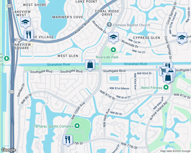 map of restaurants, bars, coffee shops, grocery stores, and more near 8208 Northwest 100th Lane in Tamarac