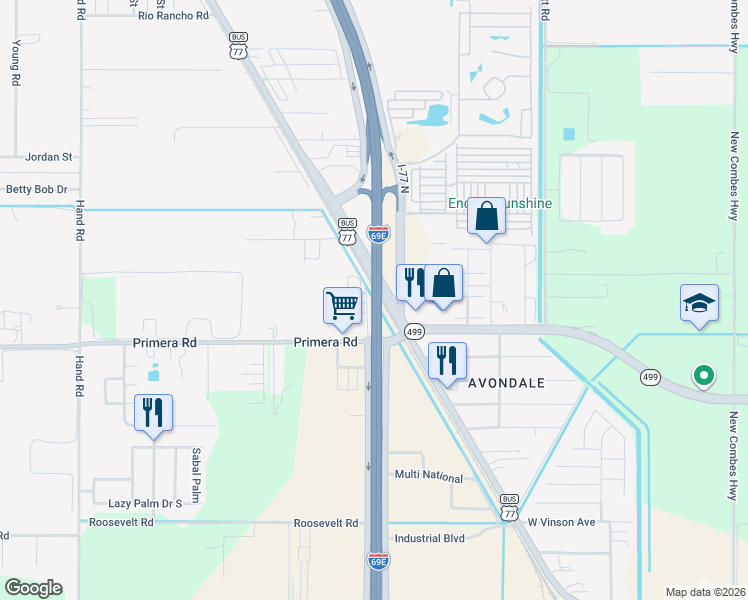 map of restaurants, bars, coffee shops, grocery stores, and more near US Highway 77 in Palm Valley