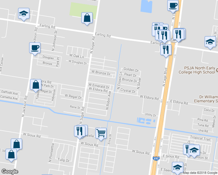 map of restaurants, bars, coffee shops, grocery stores, and more near 502 West Emerald Drive in Pharr