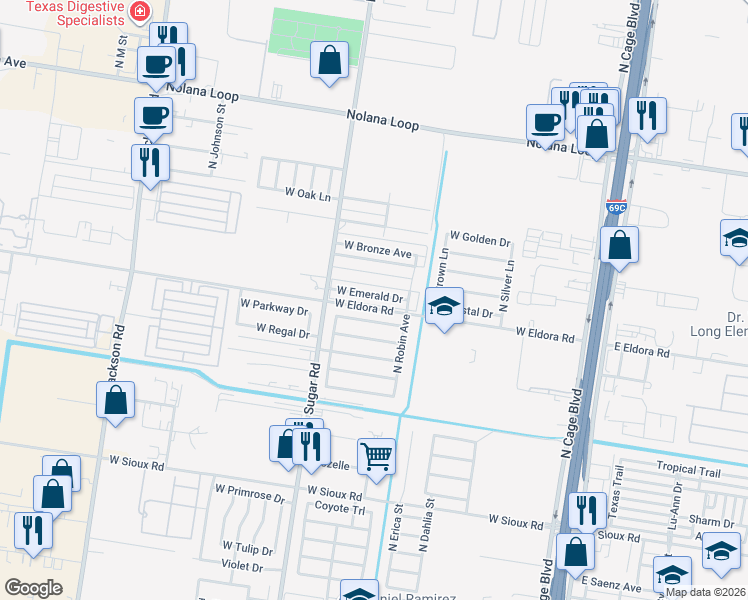 map of restaurants, bars, coffee shops, grocery stores, and more near 807 West Emerald Drive in Pharr