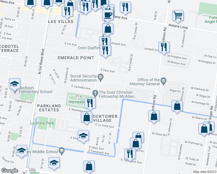 map of restaurants, bars, coffee shops, grocery stores, and more near 813 Daffodil Avenue East in Pharr