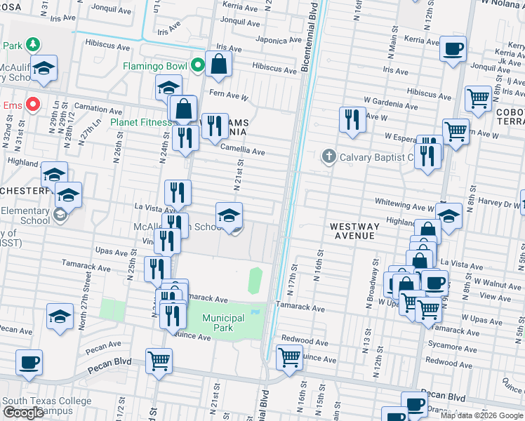 map of restaurants, bars, coffee shops, grocery stores, and more near 1915 Westway Avenue in McAllen