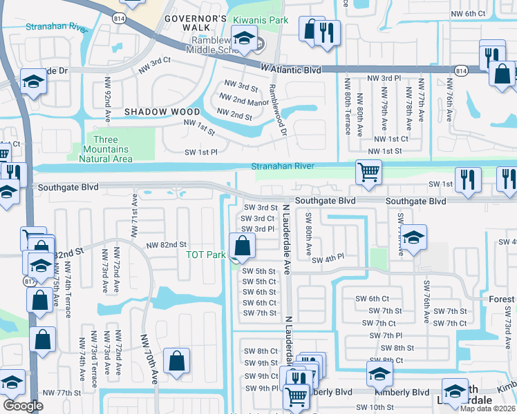 map of restaurants, bars, coffee shops, grocery stores, and more near 8140 Southwest 3rd Street in North Lauderdale