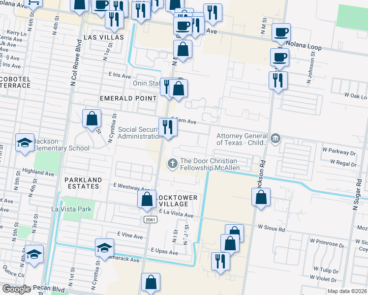 map of restaurants, bars, coffee shops, grocery stores, and more near 820 East Daffodil Avenue in McAllen