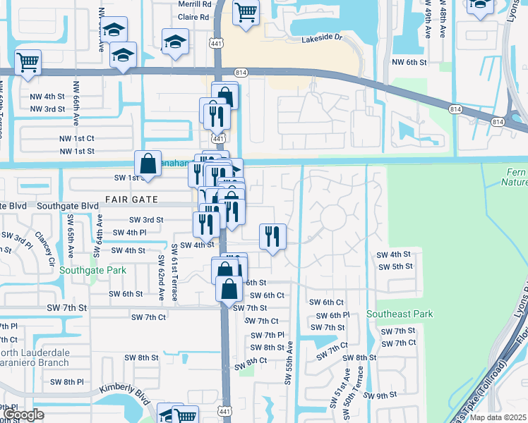 map of restaurants, bars, coffee shops, grocery stores, and more near 5641 Southwest 2nd Court in Margate
