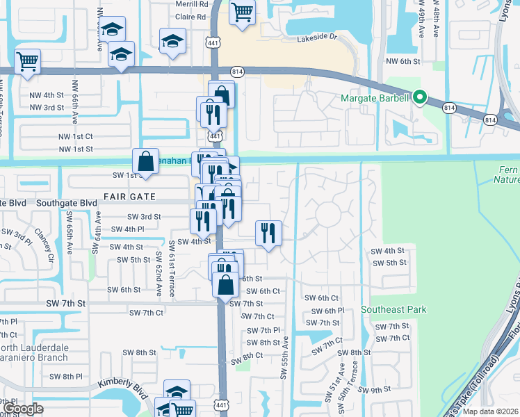 map of restaurants, bars, coffee shops, grocery stores, and more near 5641 Southwest 2nd Court in Margate
