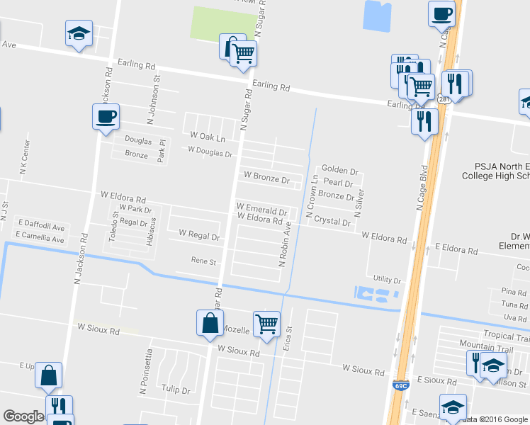 map of restaurants, bars, coffee shops, grocery stores, and more near 807 Emerald in Pharr