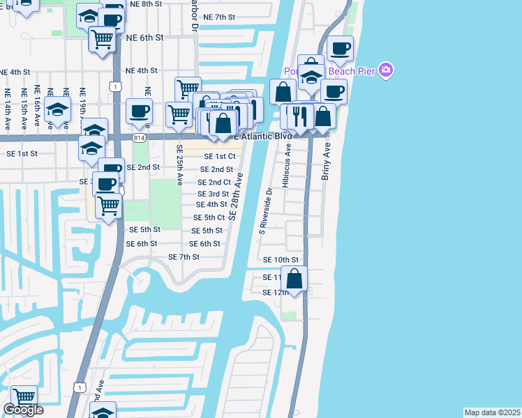 map of restaurants, bars, coffee shops, grocery stores, and more near 601 South Riverside Drive in Pompano Beach